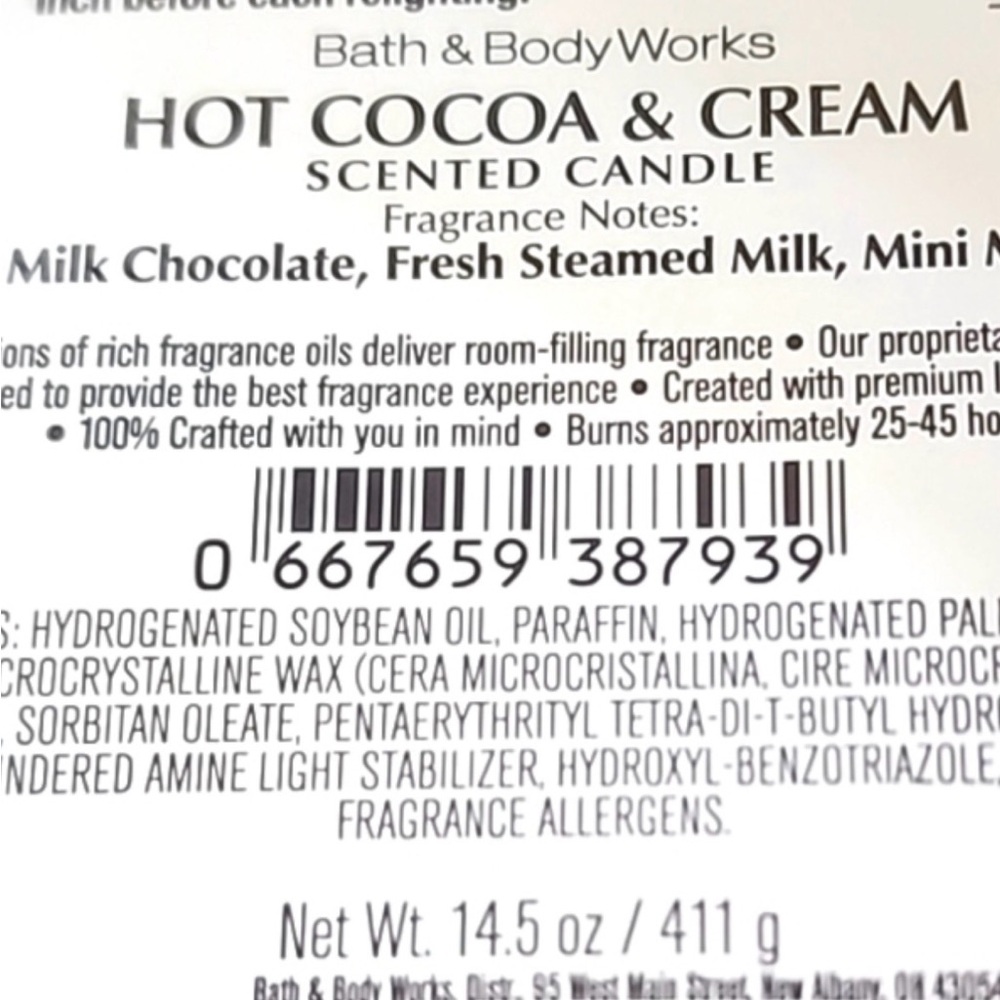 BATH AND BODYWORKS 3 WICK HOT COCOA AND CREAM CANDLE NEW IN BOX - Picture 2 of 2